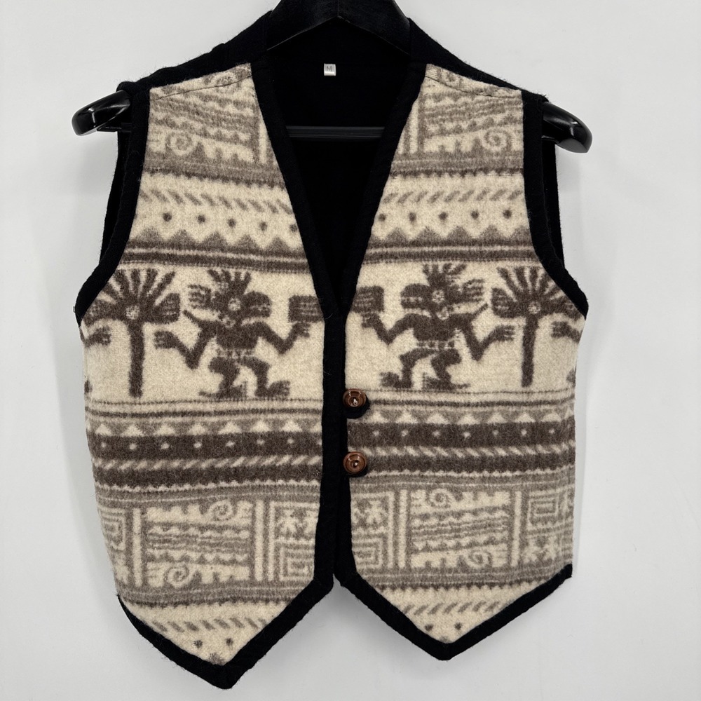 Vintage Wool Vest Size Medium Cream‎ Black Button Up Aztec Southwest Design